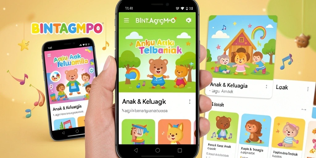 Antarmuka BINTANGMPO yang ceria dengan lagu-lagu anak.